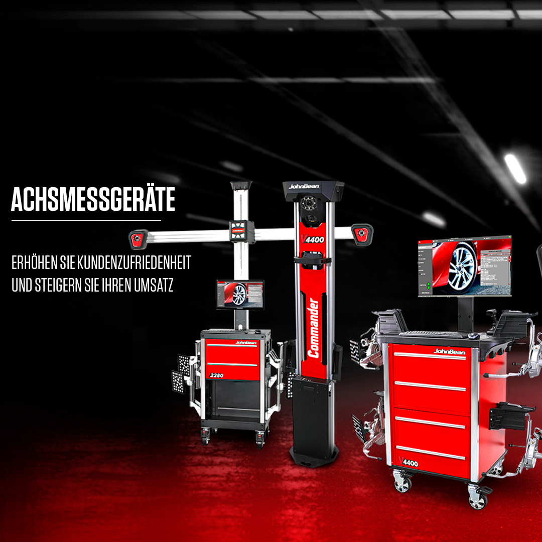A line up of John Bean Wheel Aligners"ACHSMESSGERÄTE ERHÖHEN SIE KUNDENZUFRIEDENHEIT UND STEIGERN SIE IHREN UMSATZ"