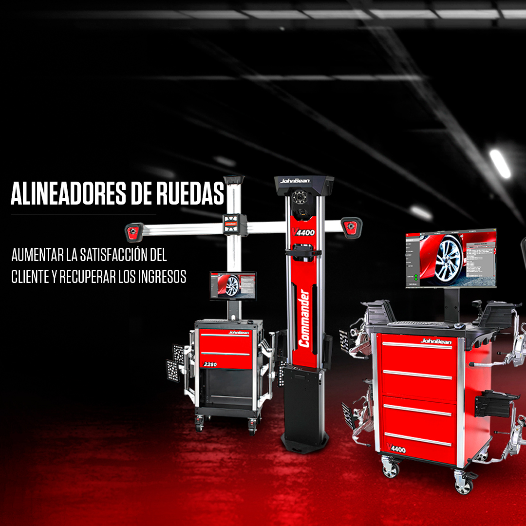 A line up of John Bean Wheel Aligners - "ALINEADORES DE RUEDAS AUMENTAR LA SATISFACCIÓN DEL CLIENTE Y RECUPERAR LOS INGRESOS"