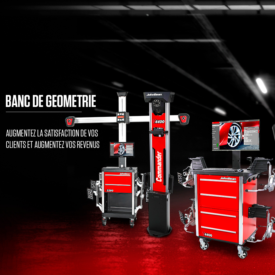 A line up of John Bean Wheel Aligners - "BANC DE GEOMETRIE AUGMENTEZ LA SATISFACTION DE VOS CLIENTS ET AUGMENTEZ VOS REVENUS"