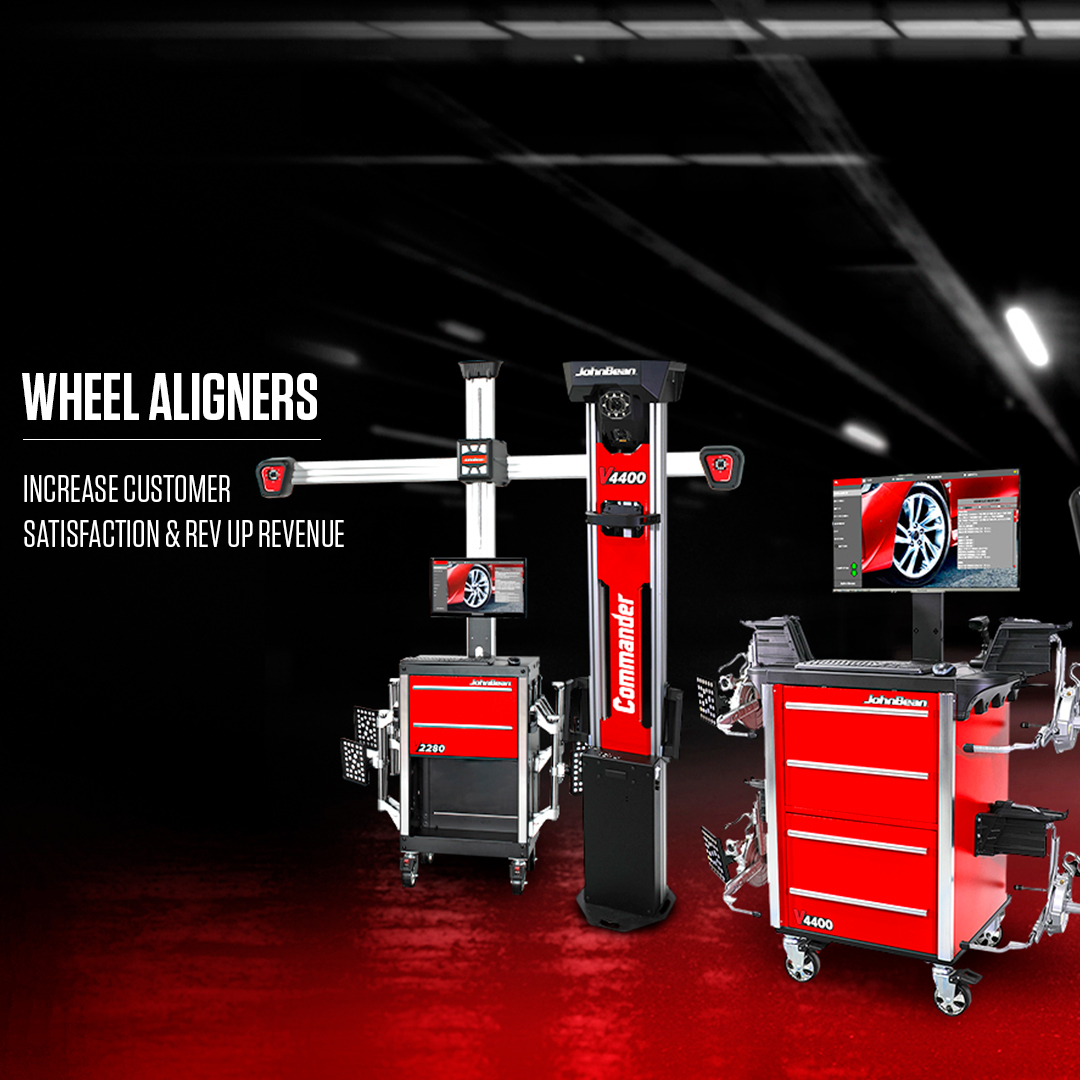A line up of John Bean Wheel Aligners - "INCREASE CUSTOMER SATISFACTION & REV UP REVENUE"