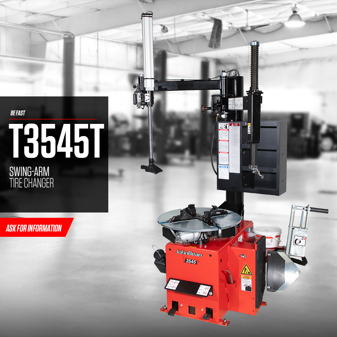 John Bean T3545T Tire Changer & Text box: "T3545T Swing-Arm Tire Changer - Ask for information"