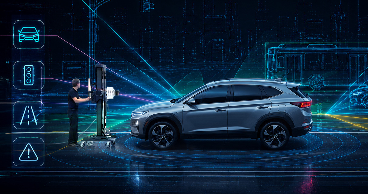 Technician performing front camera calibration on Hyundai