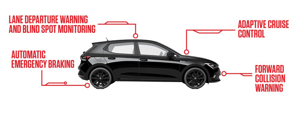 A car with ADAS System Callouts - "Lane departure warning and blind spot monitoring. Automatic emergency braking, Adaptive cruise control, forward collision warning"