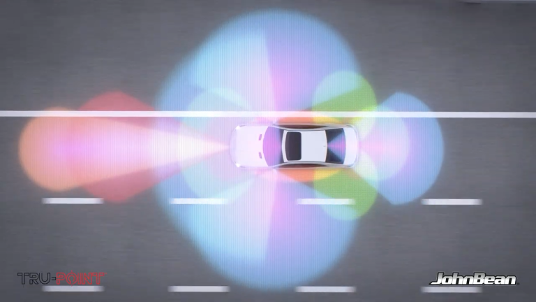 A car with visualizations of ADAS systems